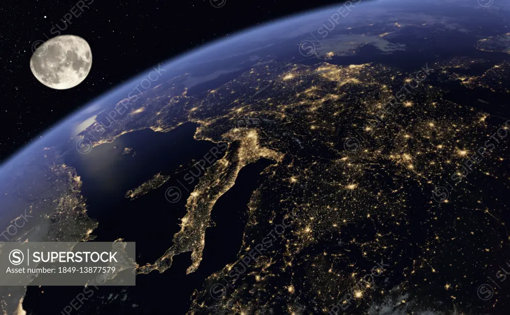 Digitally manipulated image of Europe at night from space