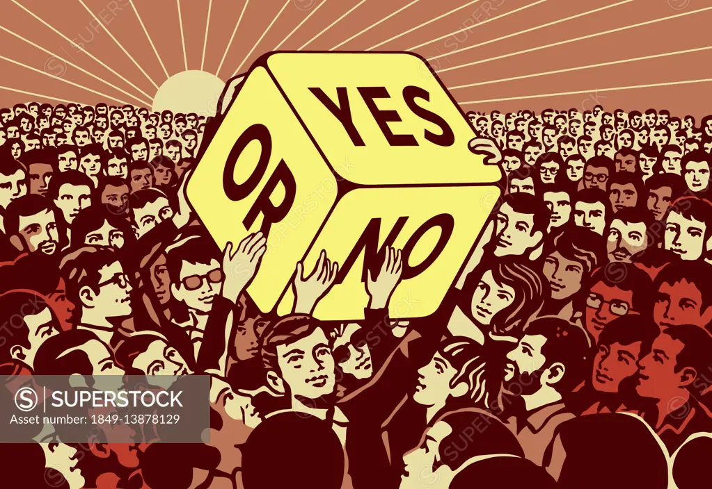 Crowd of people passing large dice with yes or no choice