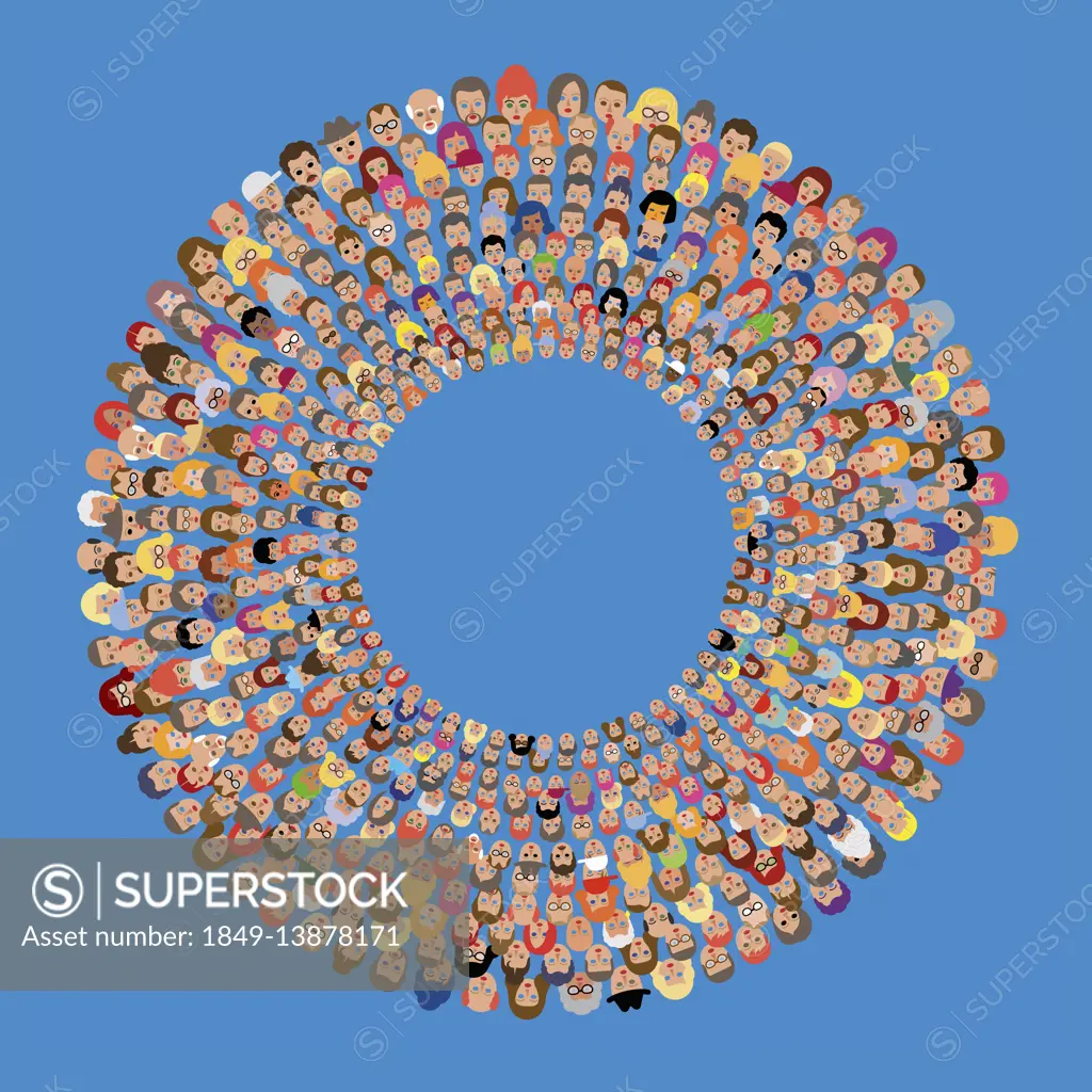 Lots of people's faces in concentric circles