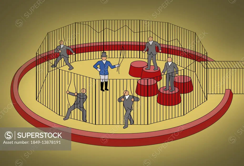 Businessmen escaping from cage ignoring circus ringmaster