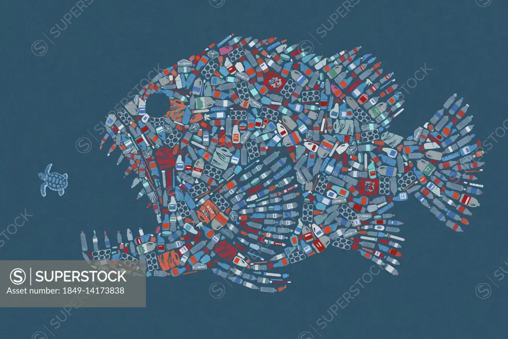 Large fish formed from plastic waste in the sea