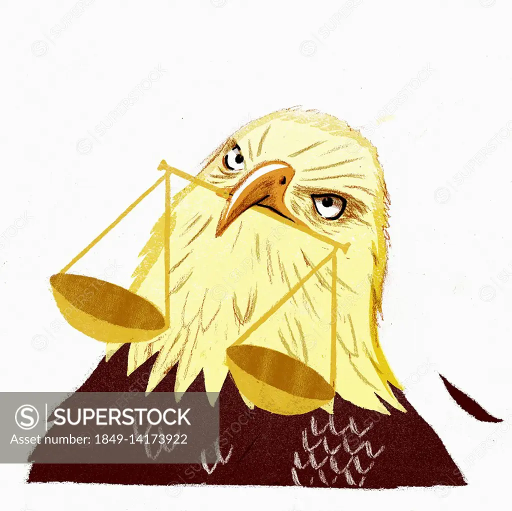 Angry bald eagle with scales of justice in beak