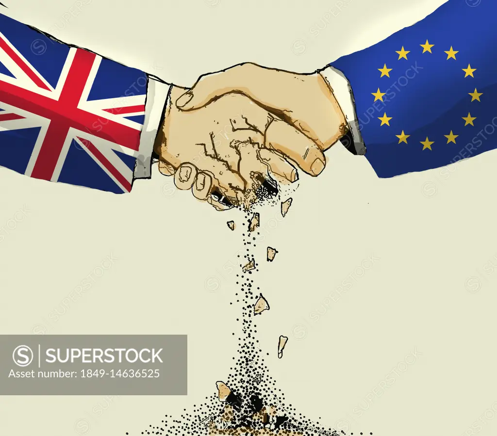 British hand crumbling in handshake with European Union