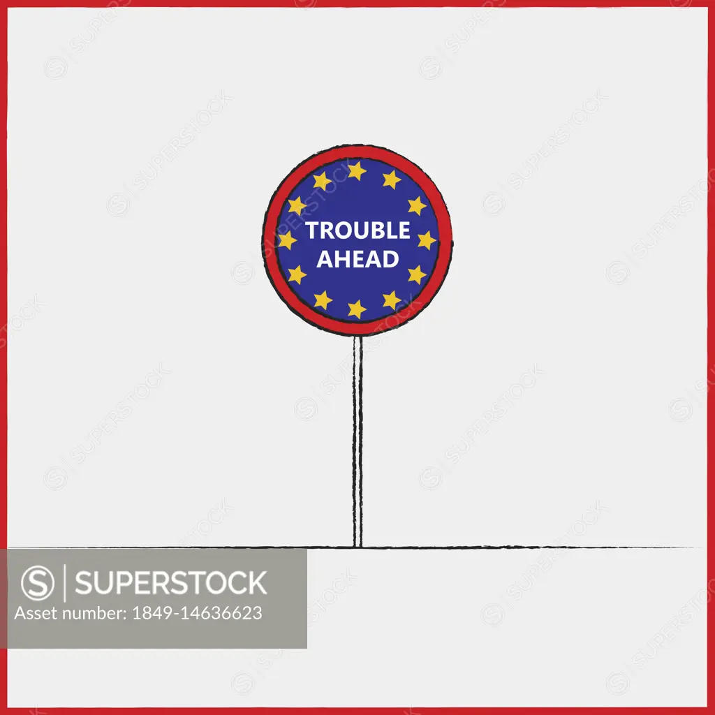 European Union flag on road sign warning of trouble ahead