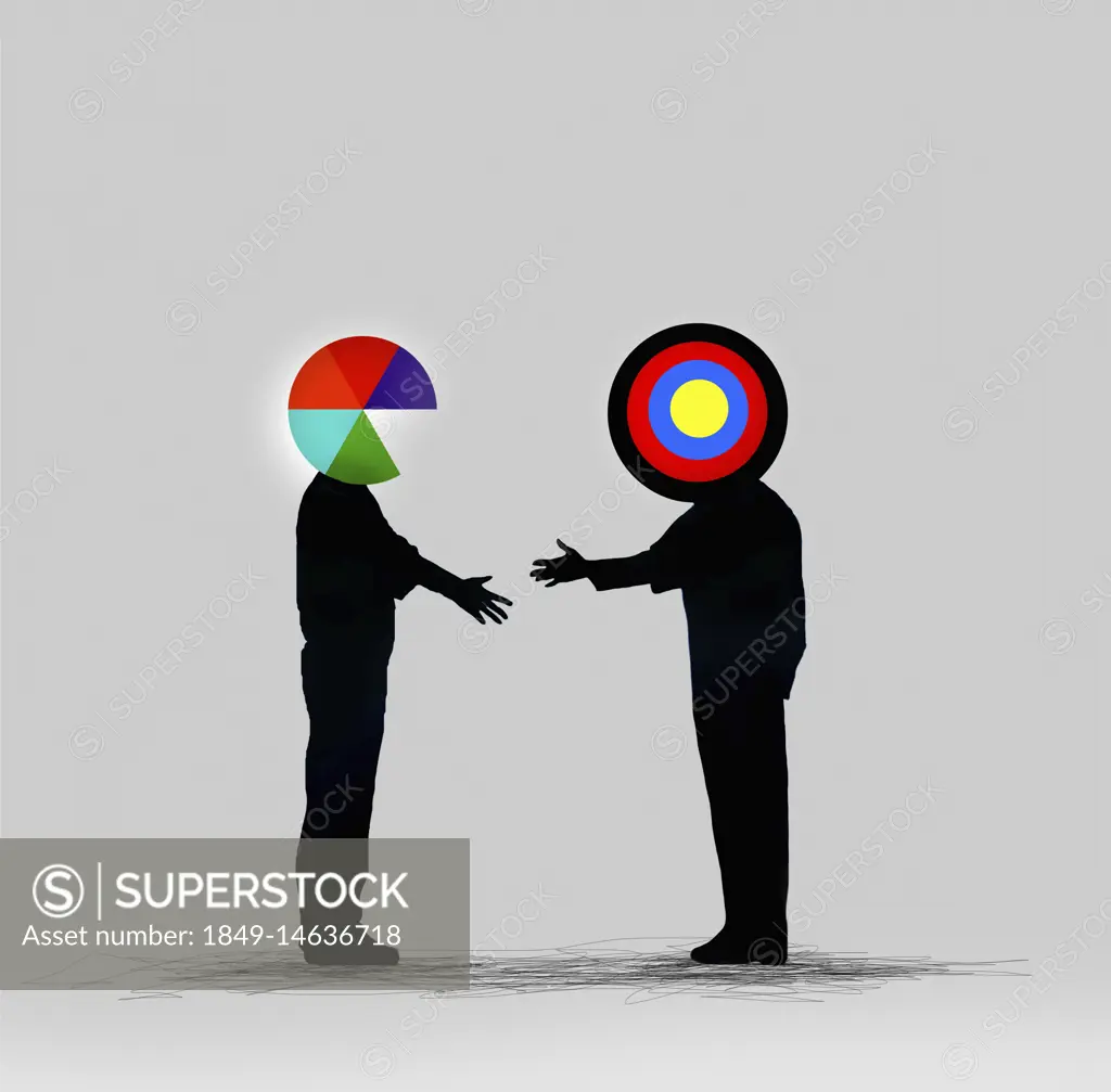 Pie chart businessman shaking hands with target businessman