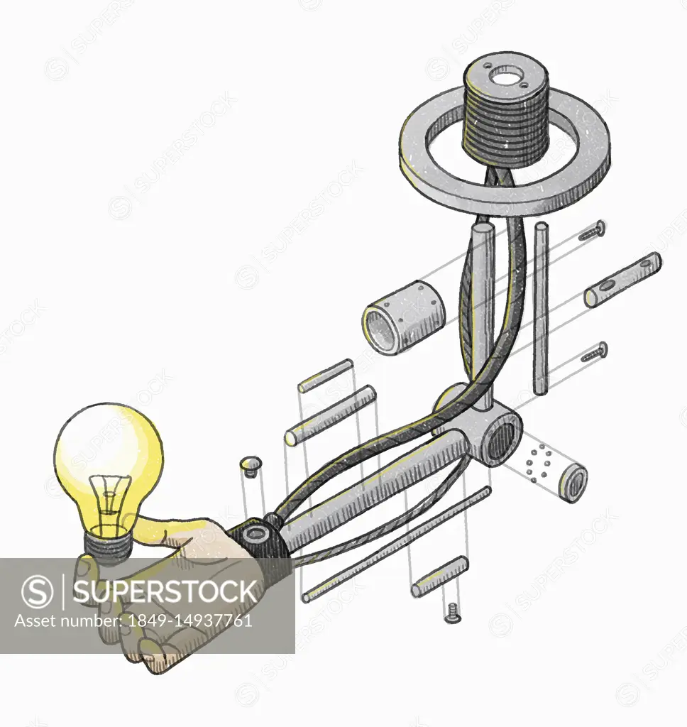 Disassembled robotic arm holding light bulb