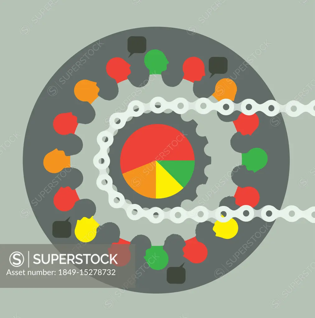 People connected on multi coloured bike gear cog