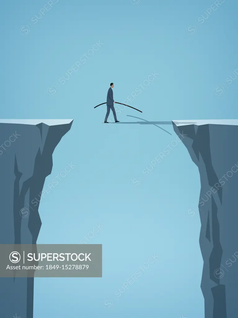 Businessman walking on air between two cliffs