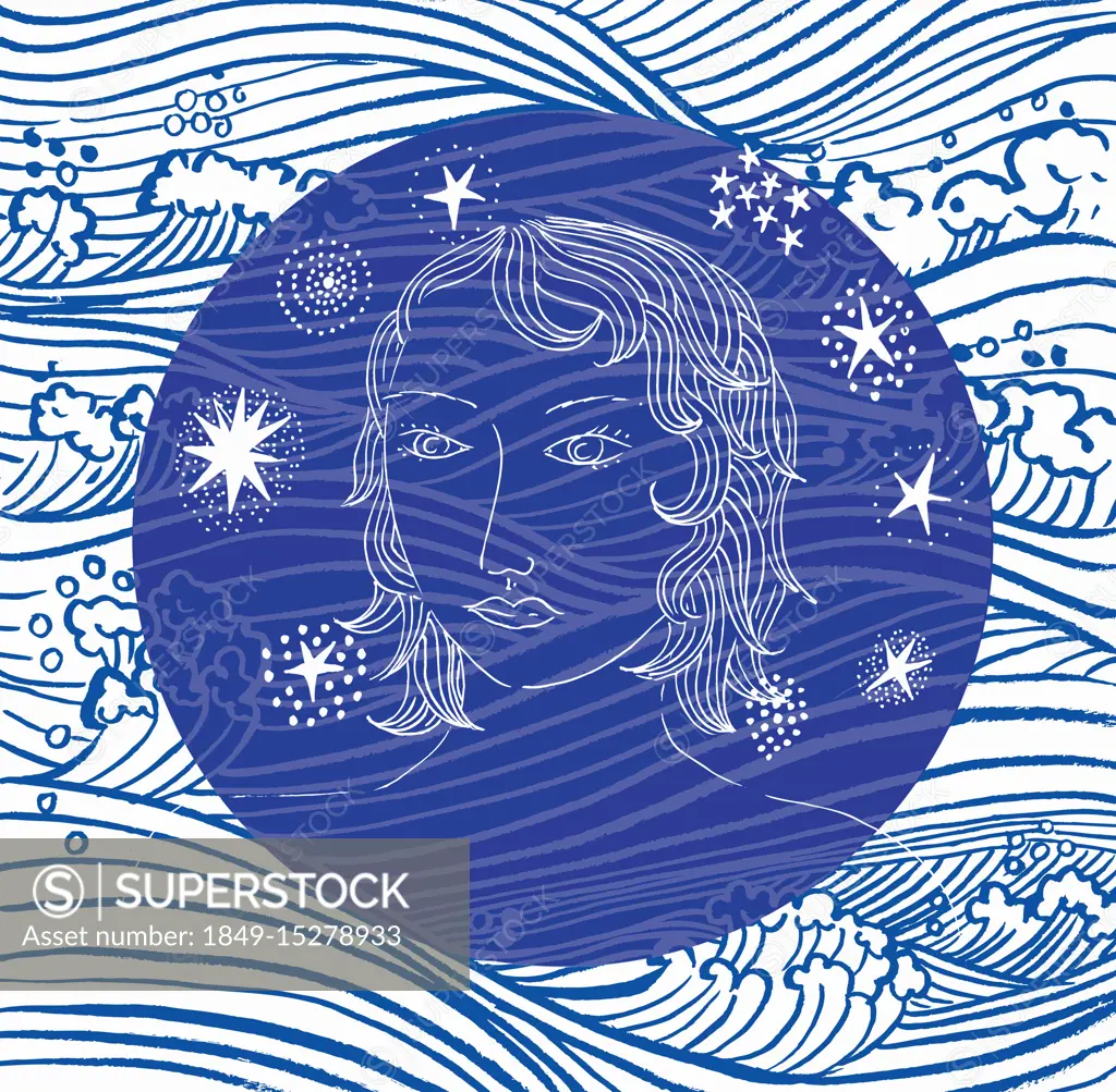 Woman's face on abstract ocean wave pattern