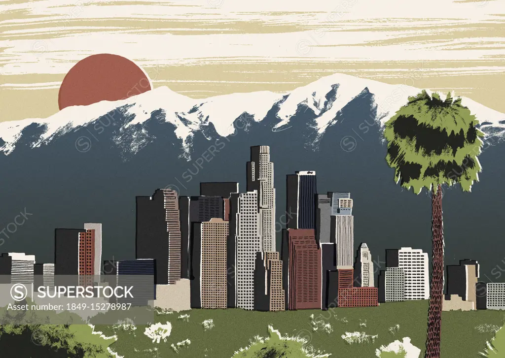 Illustration of Los Angeles cityscape against mountain peaks