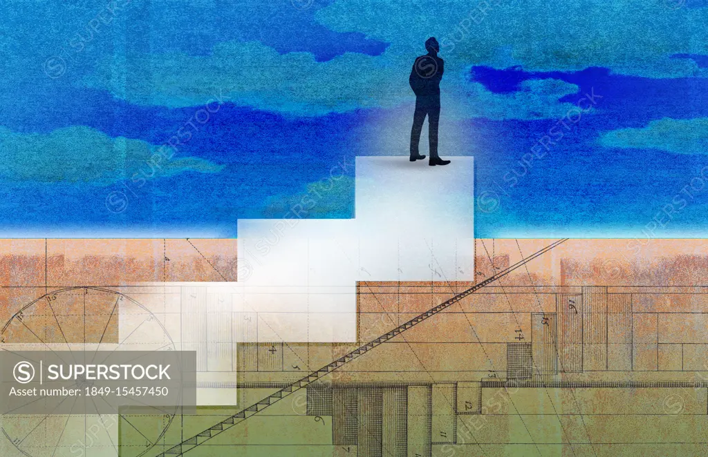 Businessman standing on top of diagram stairs looking up to sky