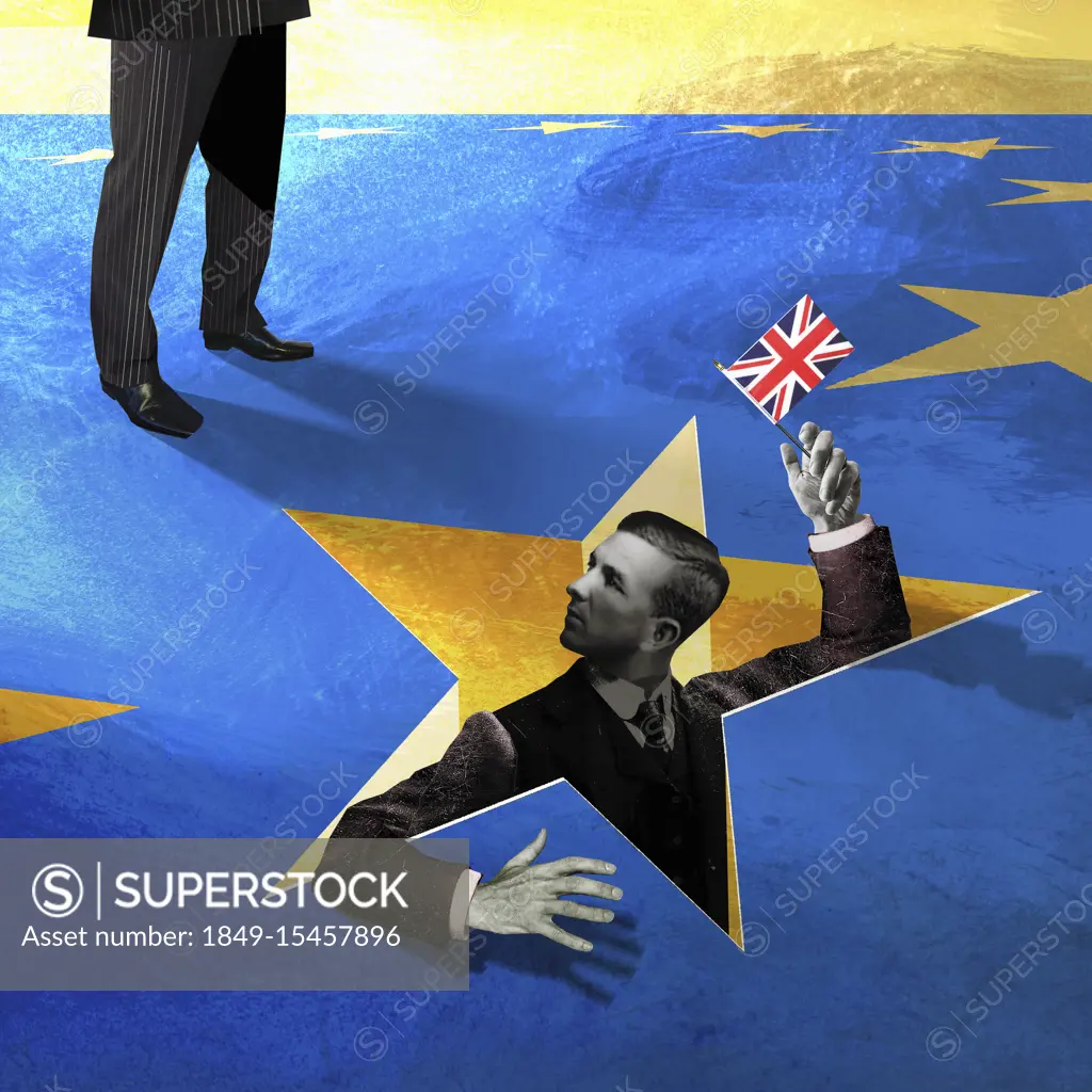 Businessman waving Union Jack in a hole in European Union flag