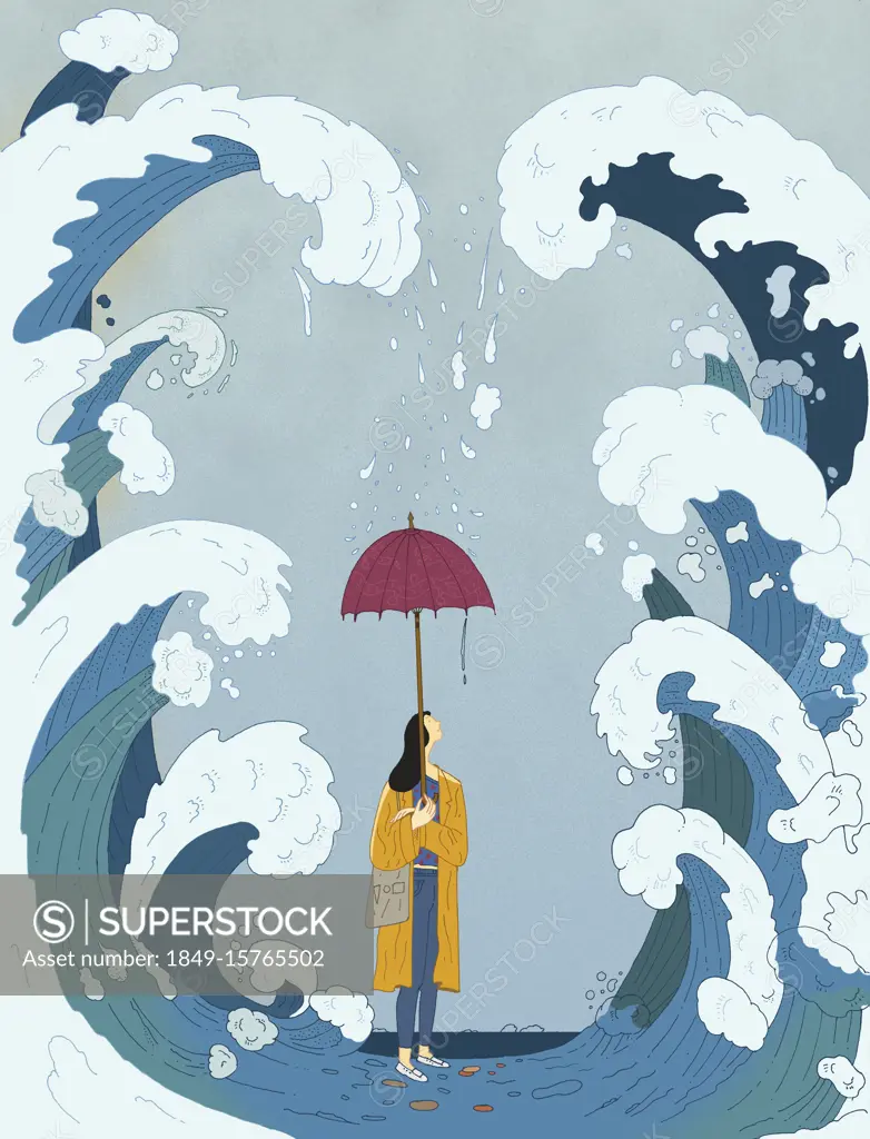 Woman between huge waves with inadequate umbrella