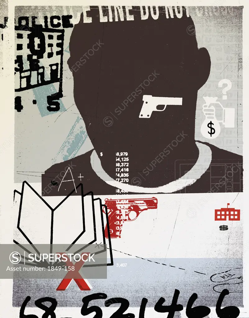 Man with gun, book and numbers