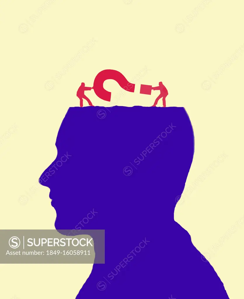 Men struggling with question mark inside head