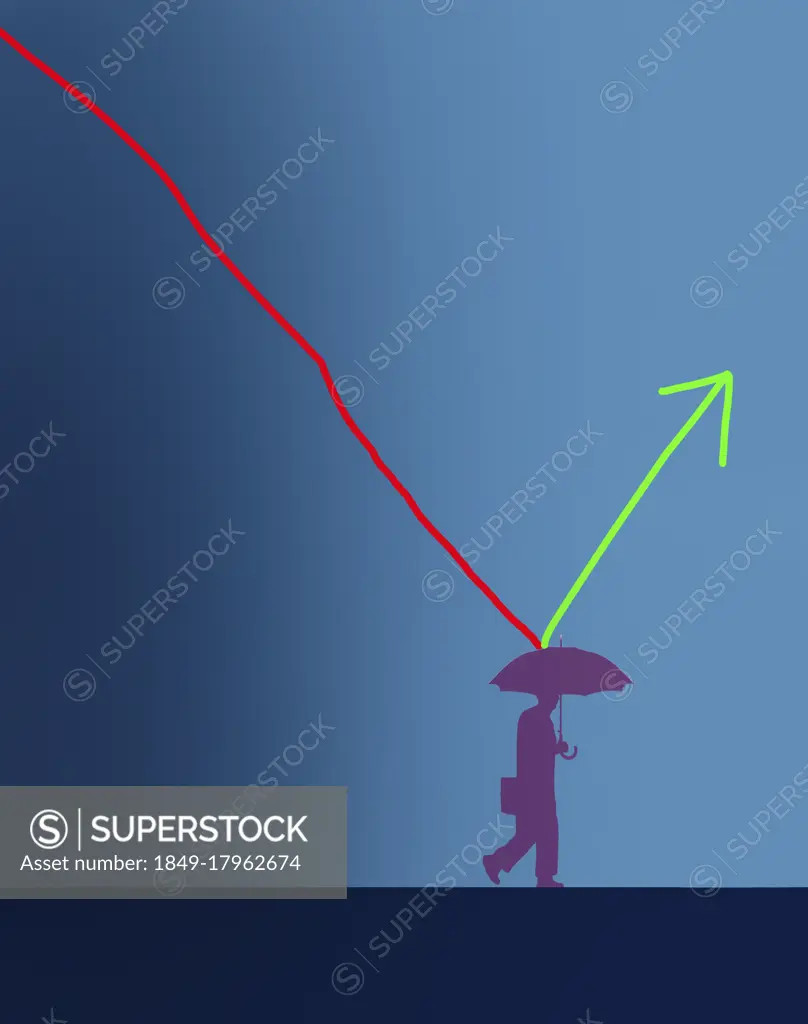 Falling line graph bouncing upwards from businessman's umbrella