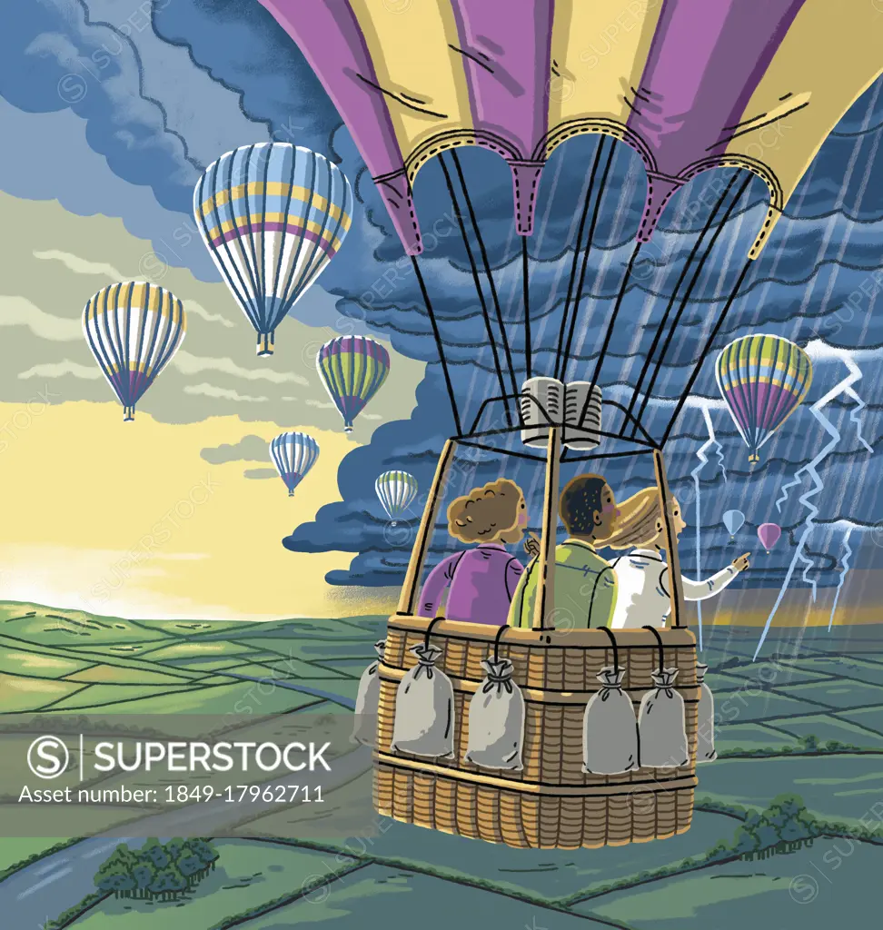 Children in hot air balloon heading for stormy weather