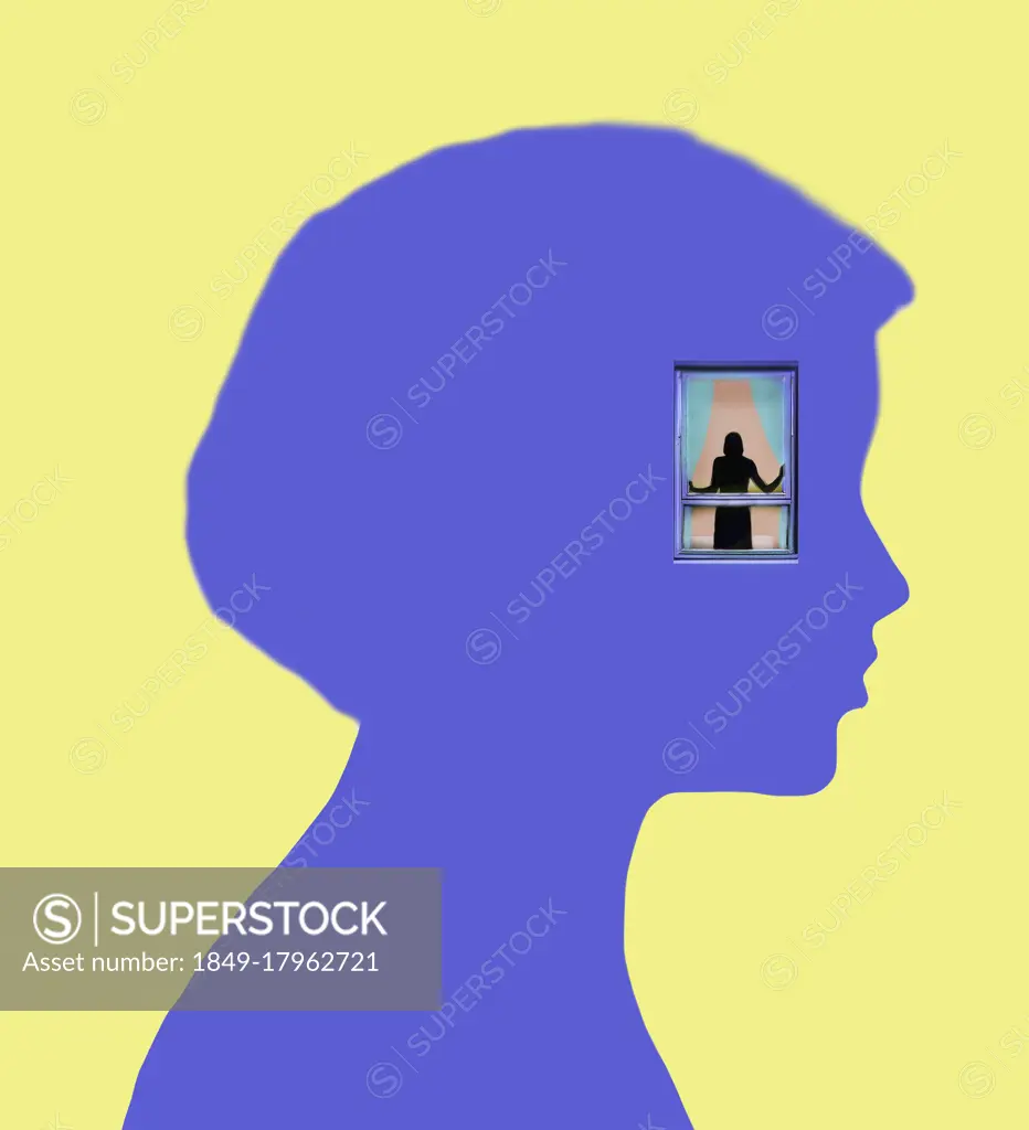 Figure looking out from window inside head