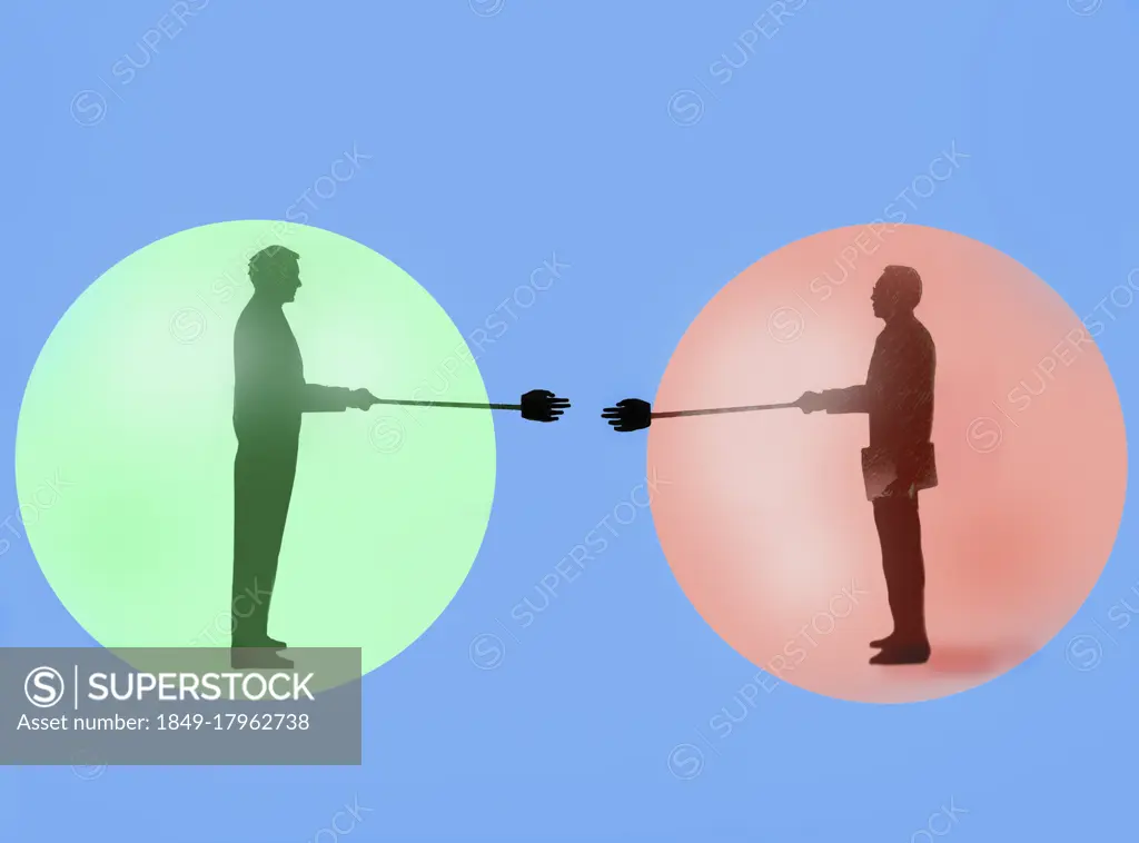 Businessmen in bubbles reaching to shake hands on poles