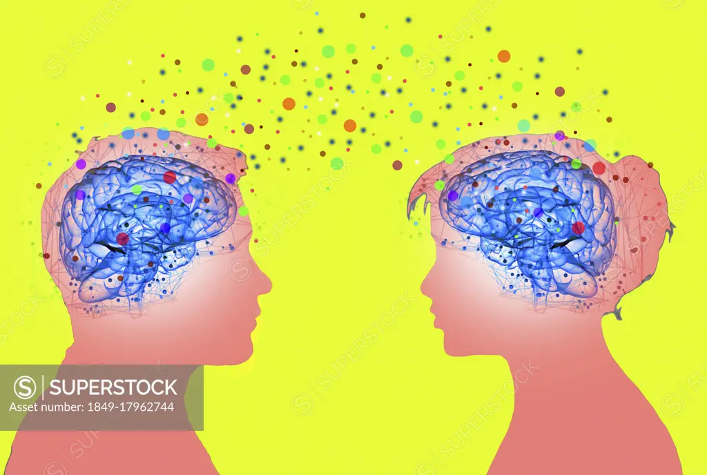 Colourful dots connecting brains of couple