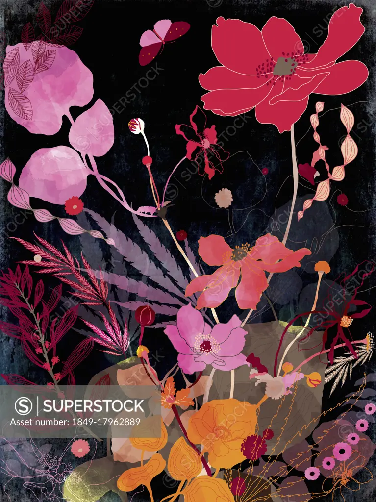 Bright flowers against black background