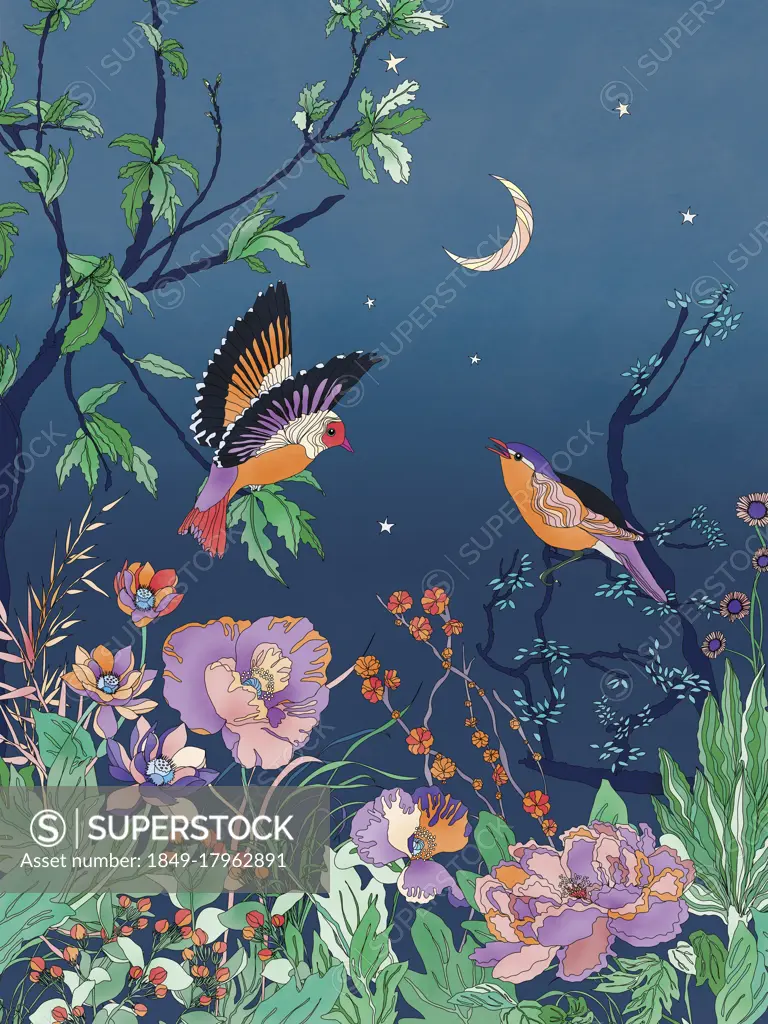 Pretty birds and flowers against night sky