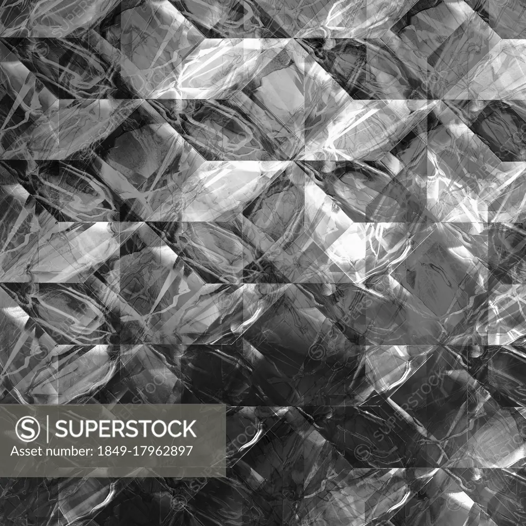 Complex light trails superimposed on monochrome geometric pattern