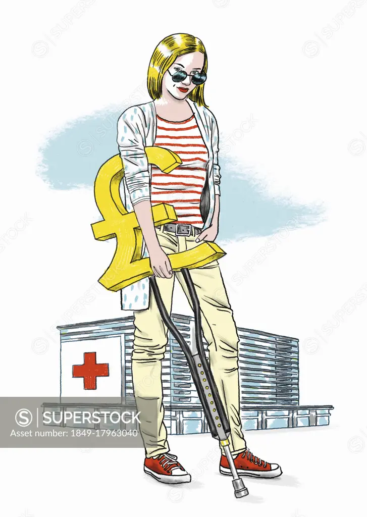 Hospital patient with pound sign crutch