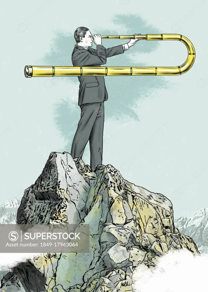 Businessman looking backwards through telescope