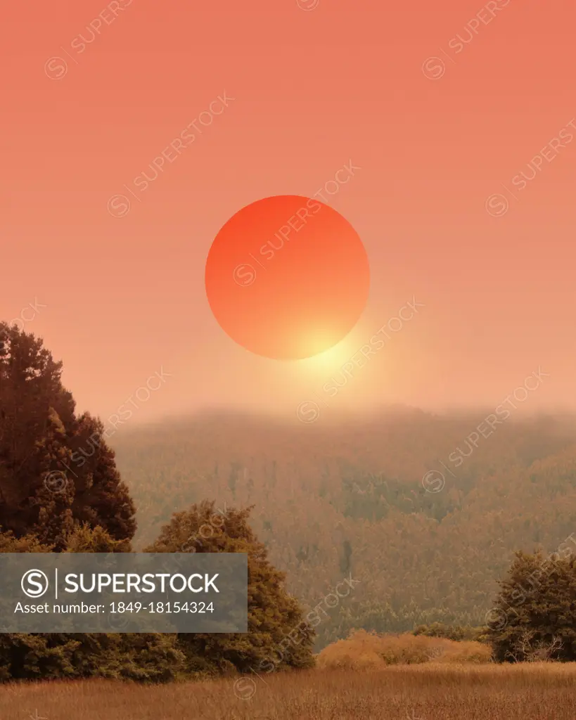 Orange sun in mist above forest