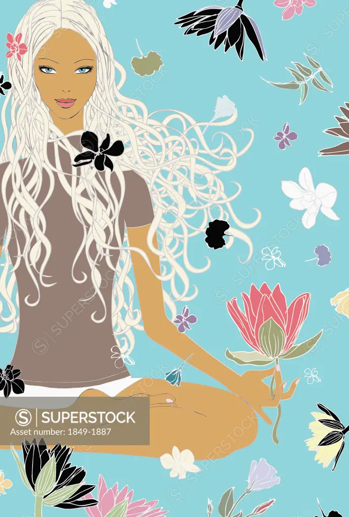 Woman sitting in lotus pose and floral design