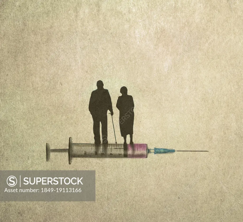 Elderly couple standing on syringe