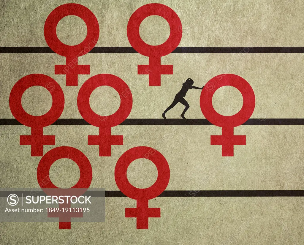 Woman pushing female gender symbol on abacus