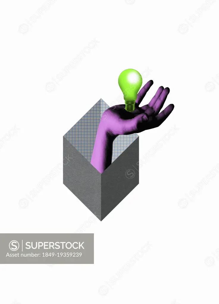 Box containing hand holding light bulb