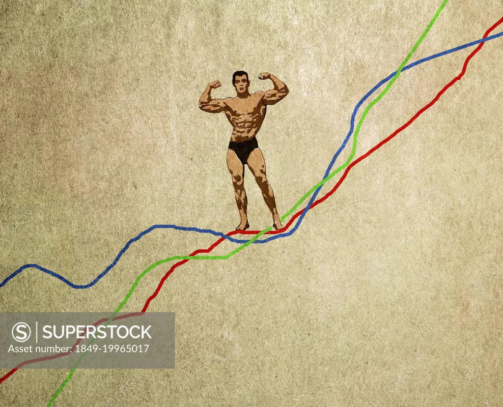 Bodybuilder posing on top of line graph