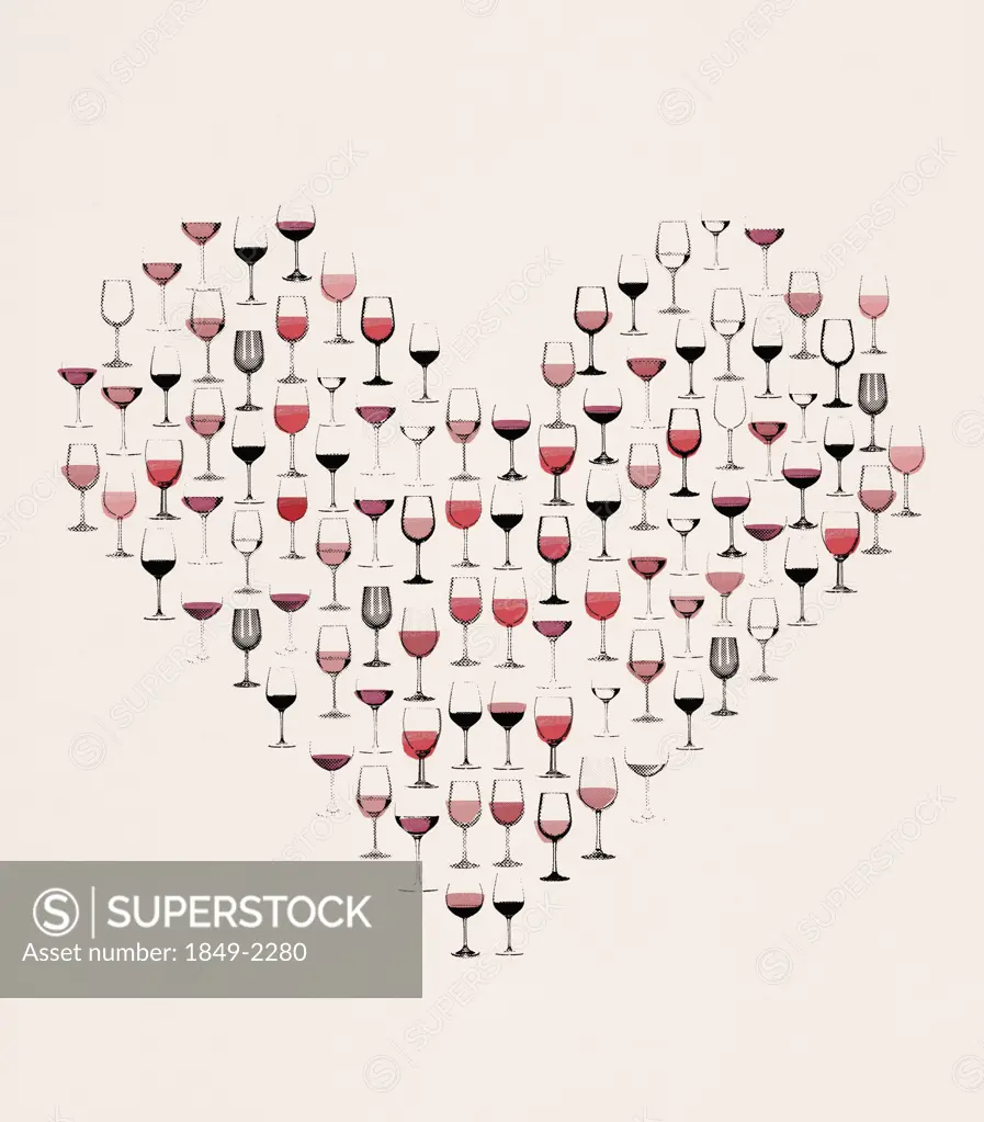 Red wine in glasses forming heart