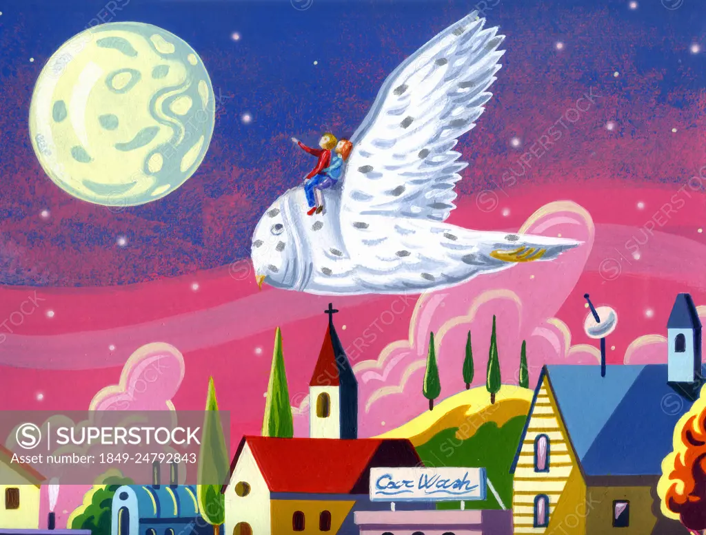 Children riding on owl looking at moon