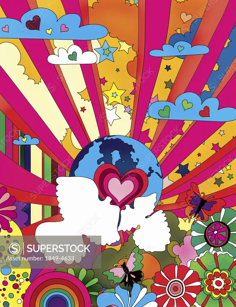 Multicolored pattern with globe, heart shapes and doves