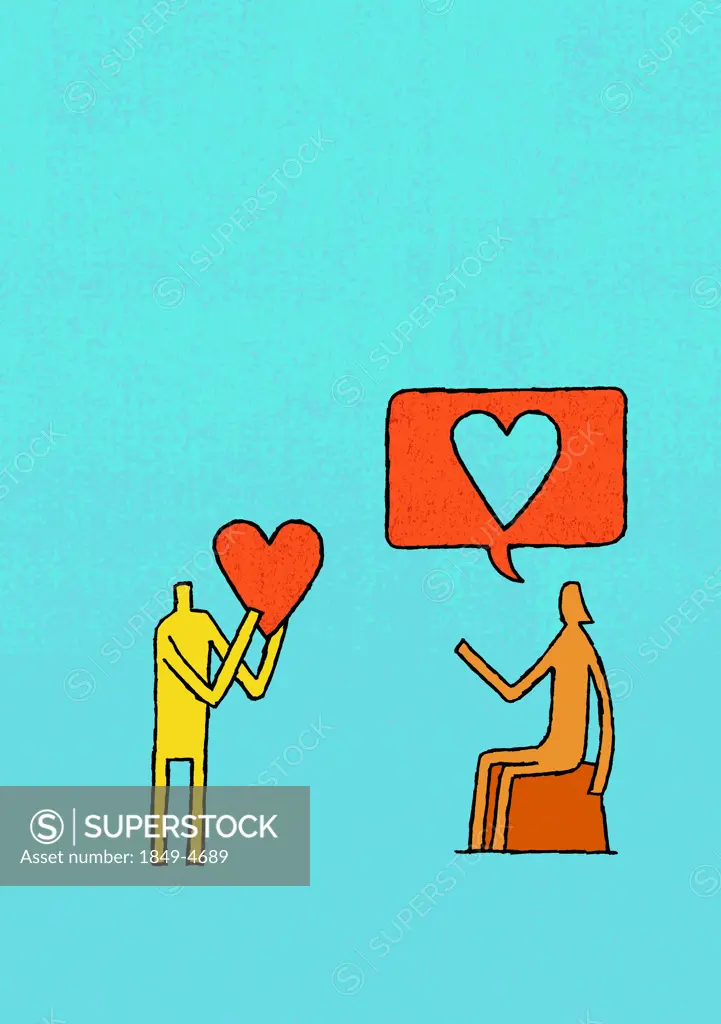 Man holding heart and woman with heart_shape speech bubble overhead