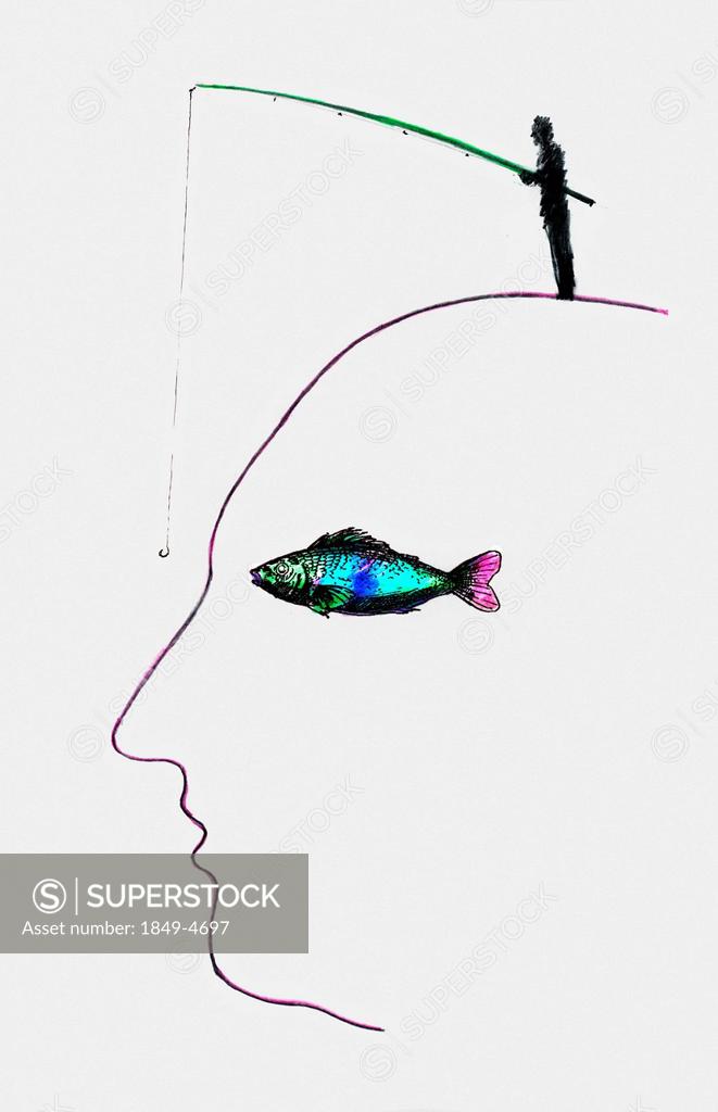 Man fishing on human face with fish eye - SuperStock