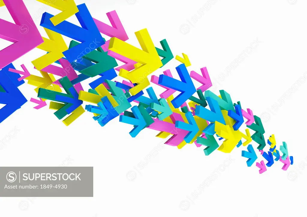 Cluster of multicolored arrows on white background