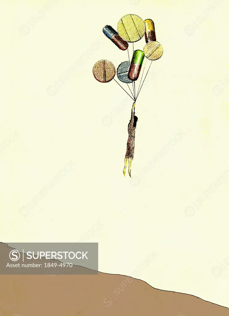 Woman hanging from pill and capsule balloons