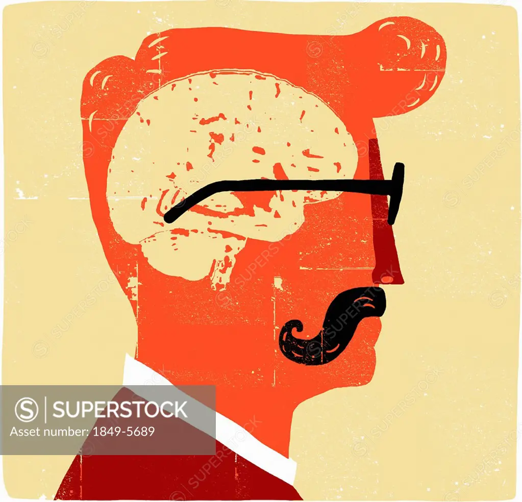 Brain inside head of man with mustache