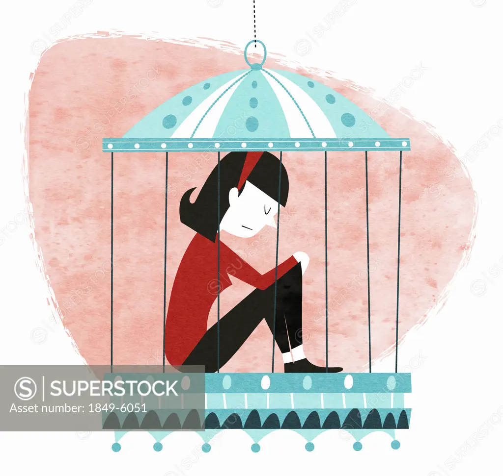 Unhappy woman sitting in birdcage