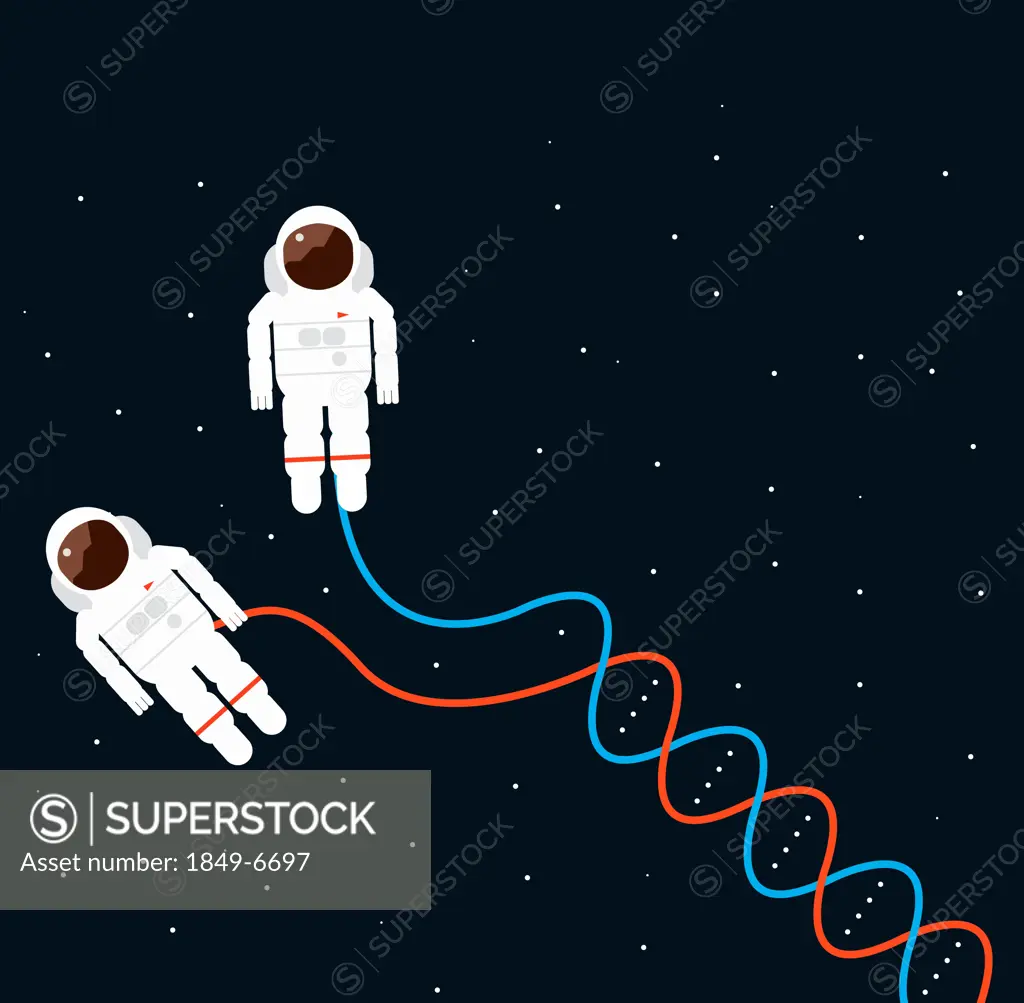 Double helix hose connecting to astronauts spacewalking in space suits