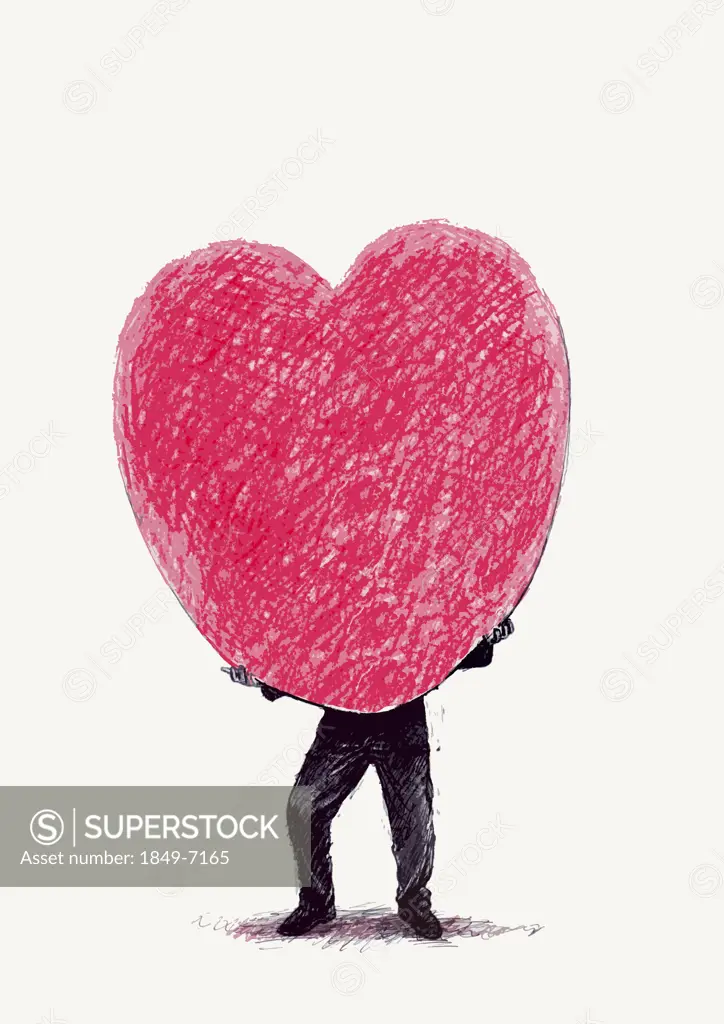 Man struggling to carry large heart shape