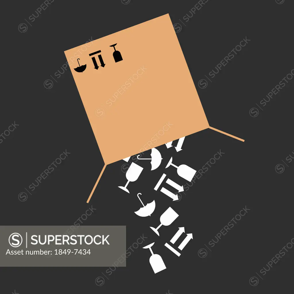 Fragile warning packaging symbols falling from cardboard box