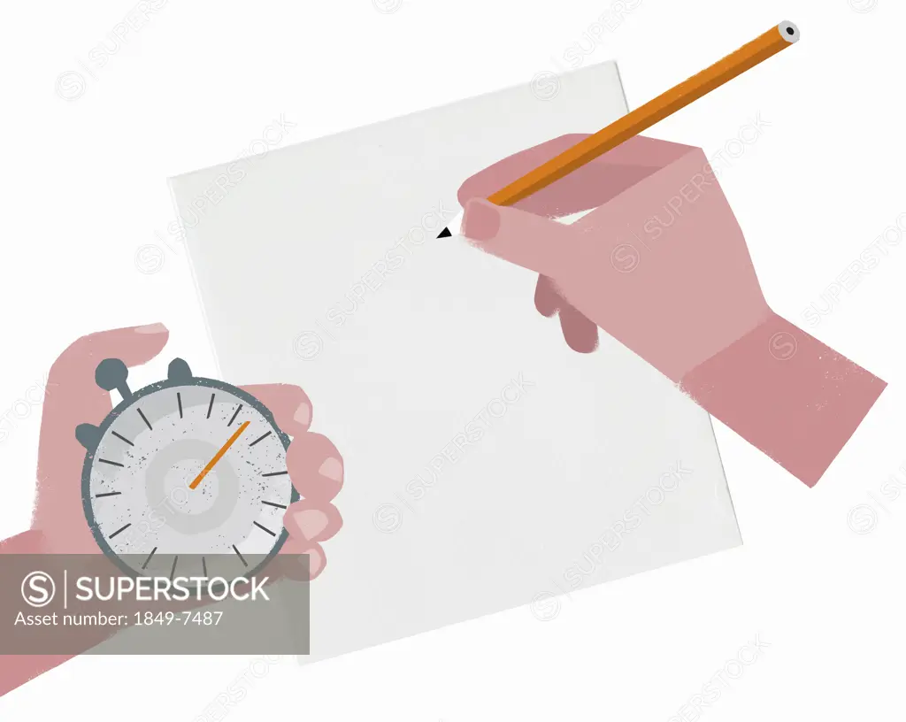 Hand holding stopwatch and pencil over blank sheet of paper