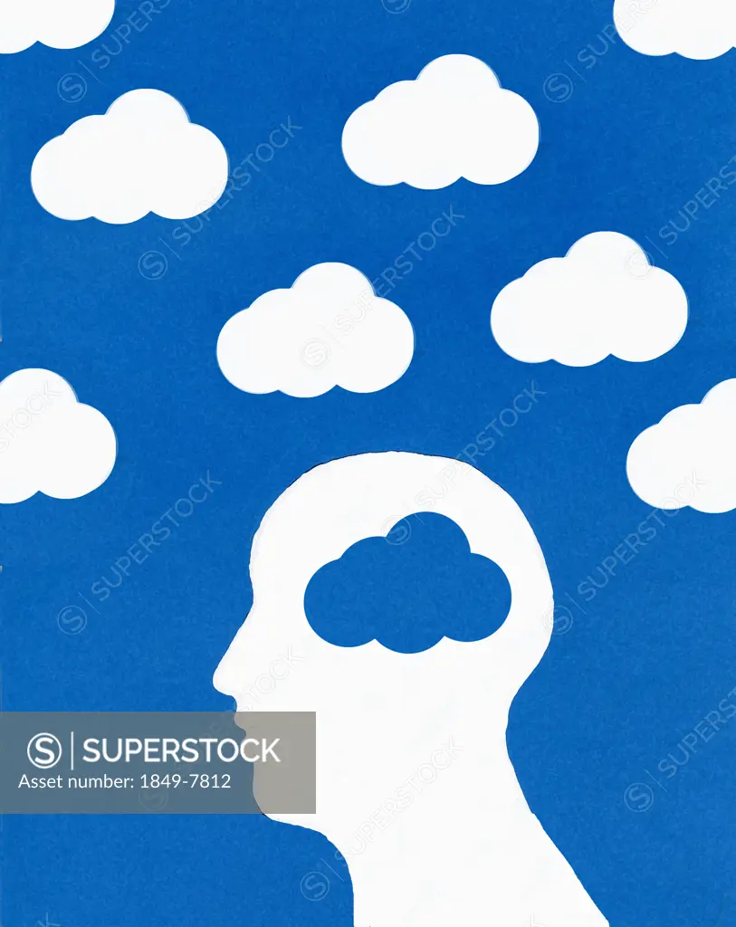 Cloud pattern and man's head with blue cloud brain