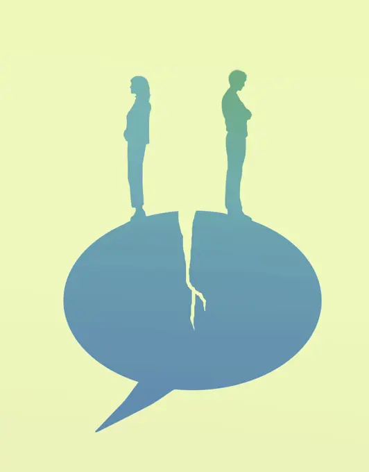 Couple standing on splitting speech bubble